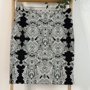 HM Womens Black White Damask Lace Print Pencil Skirt Size 10 Side Slit Lined